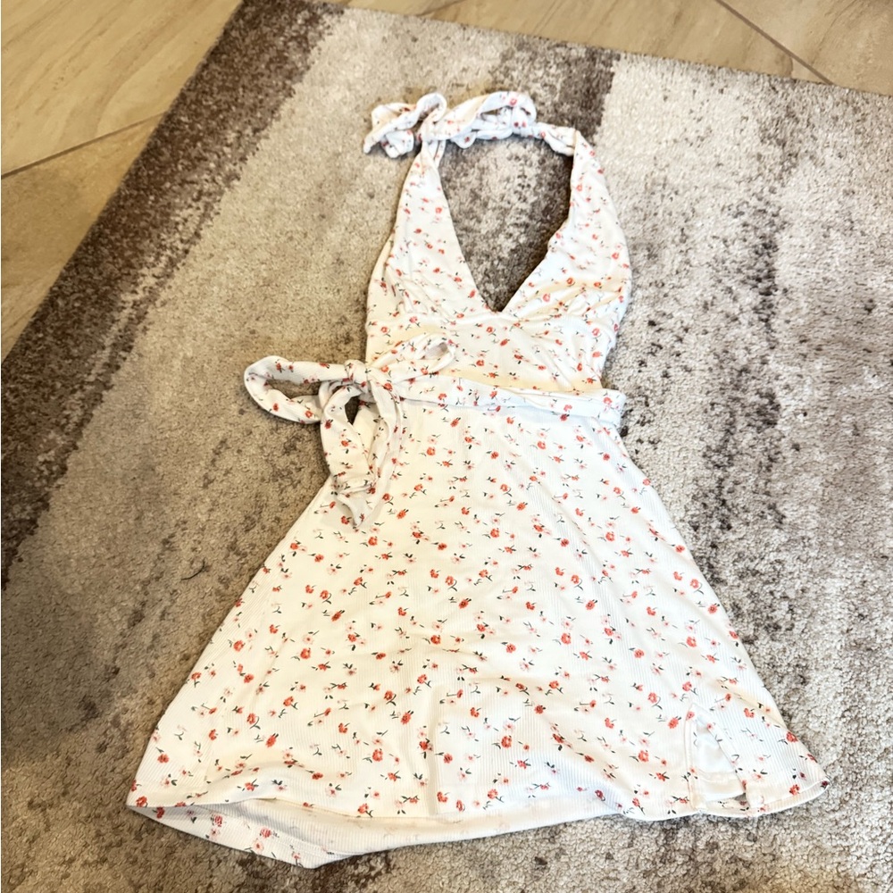 White Floral Halter Wrap Dress